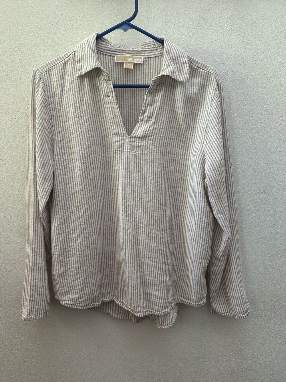 Michael Kors Womens Linen Cream and Beige Striped Long-Sleeve Button-Down Shirt